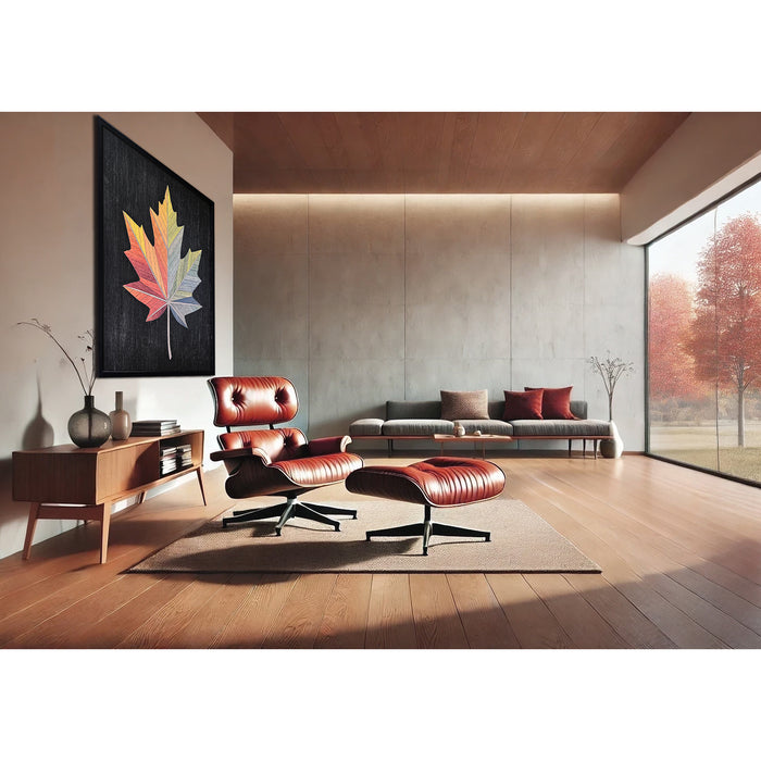 Autumn Maple Leaf wall art hanging in a mid-century modern living room with a leather lounge chair, wooden furniture, and large windows overlooking fall trees.