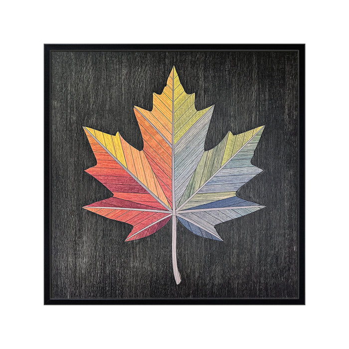 Autumn Maple Leaf wall art featuring a vibrant geometric maple leaf design with rainbow tones on a black textured background in a square frame.