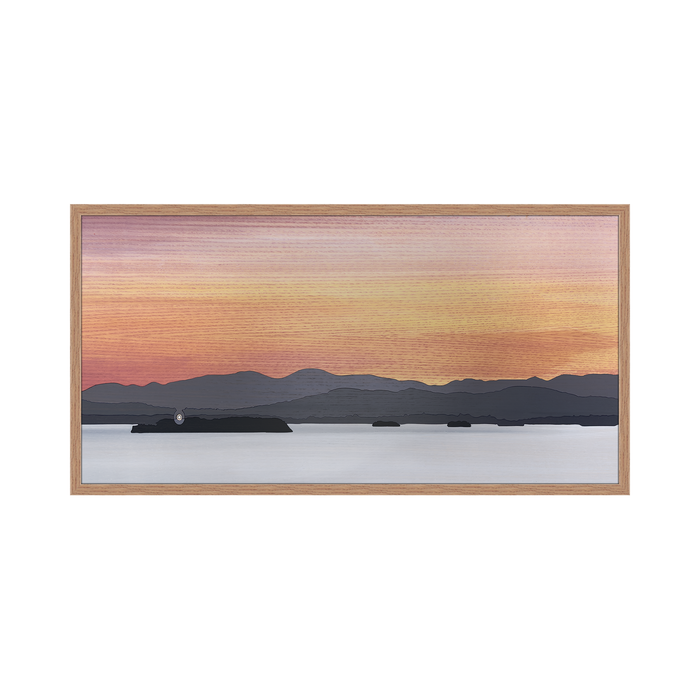 24x48 Champlain Southwest artwork in oak square frame featuring a scenic sunset over Lake Champlain